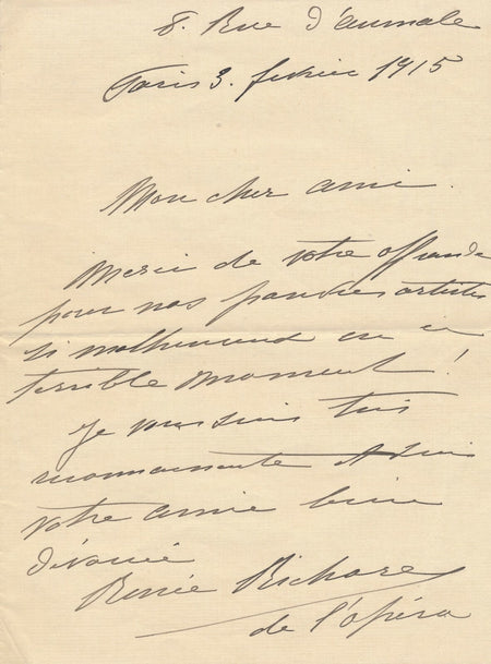 Renée RICHARD chanteuse opéra soprano lettre autographe signée aide artiste 1915