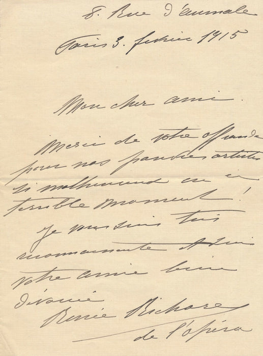 Renée RICHARD chanteuse opéra soprano lettre autographe signée aide artiste 1915
