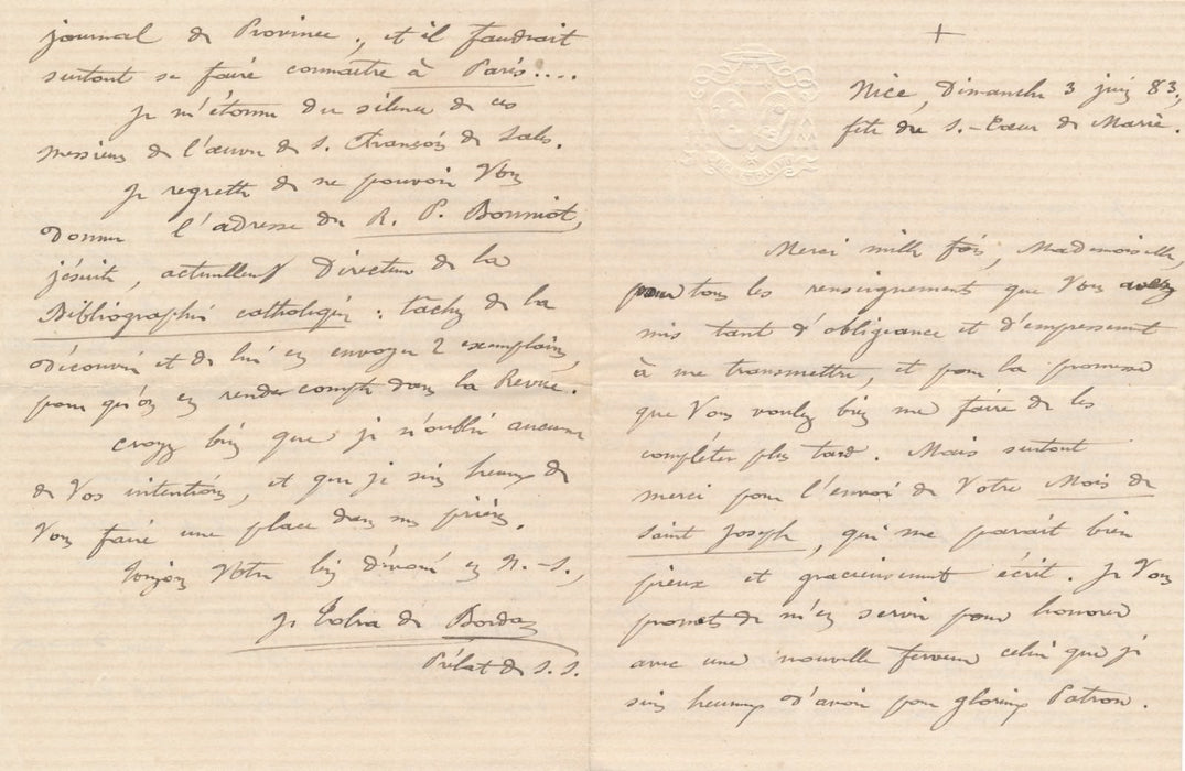 Religion Tobra de Bordas 4 lettres autographes signées Blanchet Polybiblion 1883