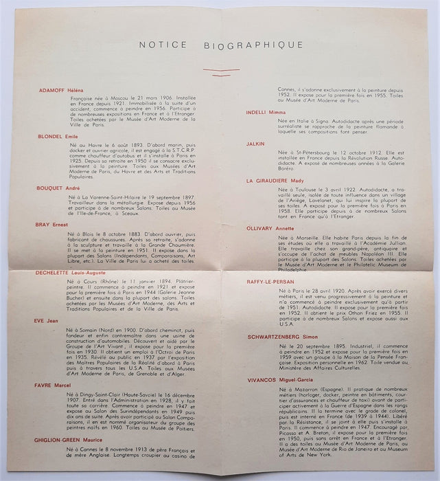 Peintres naïfs contemporains Invitation  Galerie 93 Paris 1964 biographies