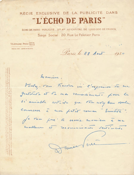 Daniel Poiré XXe s. journaliste lettre autographe signée Timidité (1930)