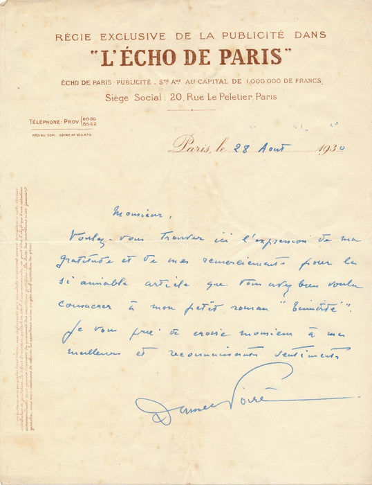 Daniel Poiré XXe s. journaliste lettre autographe signée Timidité (1930)