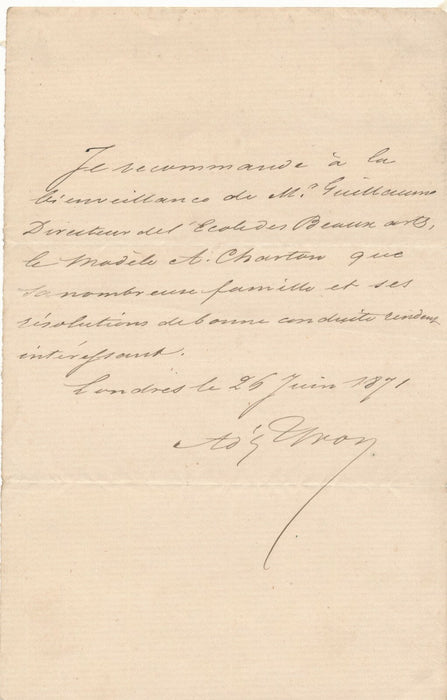 Adolphe YVON recommande à E. Guillaume modèle Ecole Beaux Arts lettre autographe