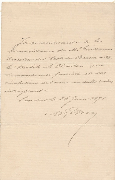 Adolphe YVON recommande à E. Guillaume modèle Ecole Beaux Arts lettre autographe