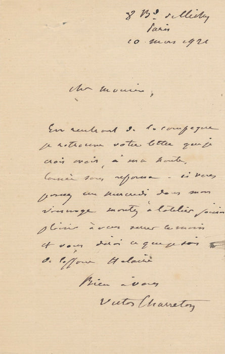 Victor CHARRETON peintre lettre autographe signée un rendez vous à son atelier