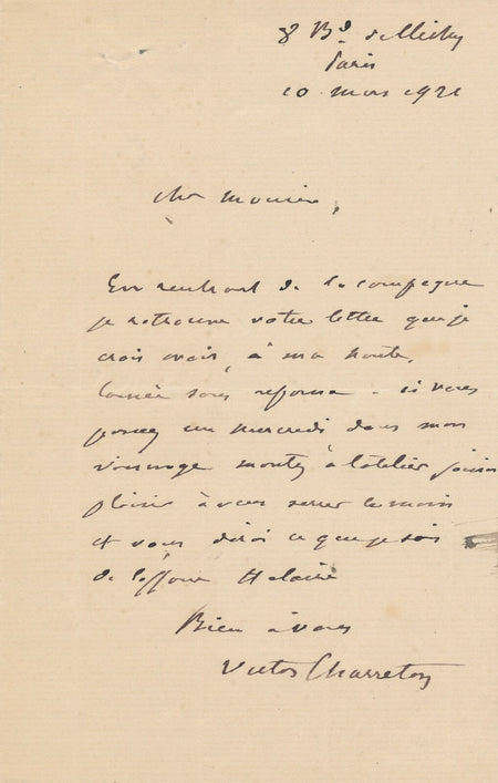 Victor CHARRETON peintre lettre autographe signée un rendez vous à son atelier