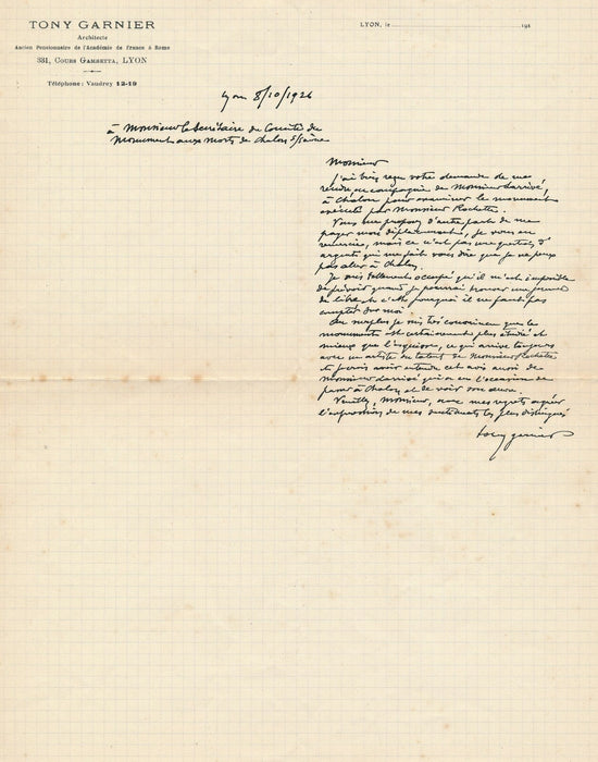 Tony GARNIER Lettre autographe signée monument aux morts Chalon Rochette 