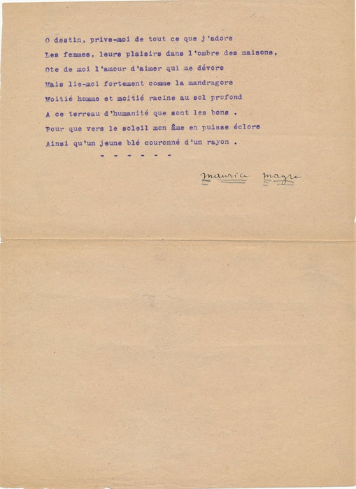 Littérature Maurice MAGRE  poème tapuscrit signé annoté 8 strophes 7 vers