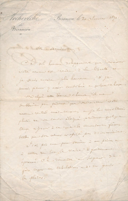 Césaire MAHTIEU archevêque Besançon libération danger lettre signée 1871