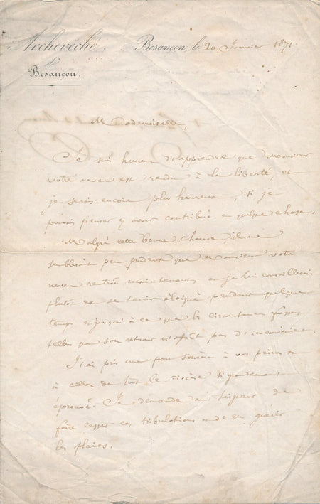 Césaire MAHTIEU archevêque Besançon libération danger lettre signée 1871