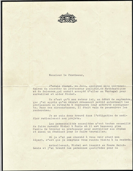 Henri d’ORLÉANS, comte de Paris (1908-1999) lettre signée éducation fils Michel