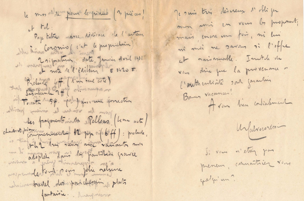 Michel Dimitri Calvocoressi Debussy Coronio lettre autographe signée manuscrit