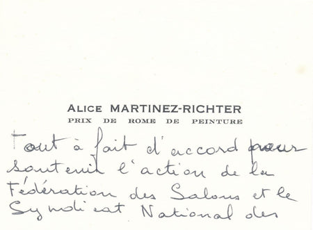 Alice MARTINEZ RICHTER carte autographe signée soutien Syndicat des artistes