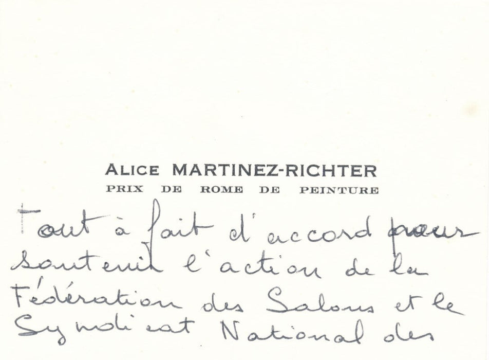 Alice MARTINEZ RICHTER carte autographe signée soutien Syndicat des artistes