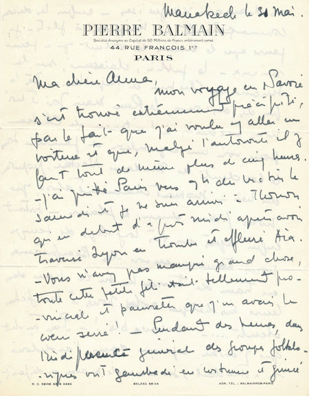 Pierre Balmain lettre autographe signée fête Savoie condamné au Plazza ! mode 