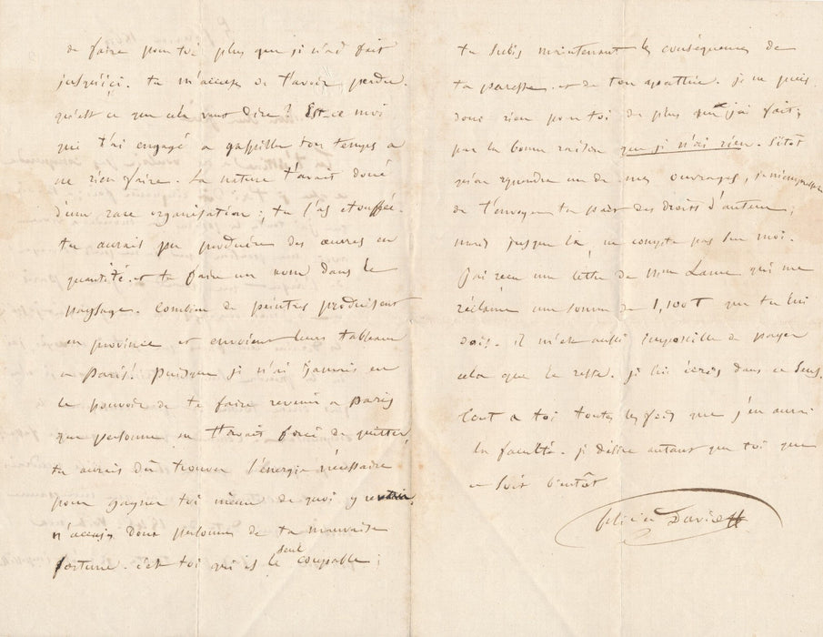 Félicien DAVID belle lettre autographe sur ses relations frère Charles David