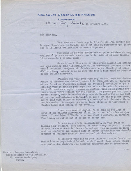 Robert VICTOR Baïf De Gaulle a envie de revenir Bénouville 2 lettres signées