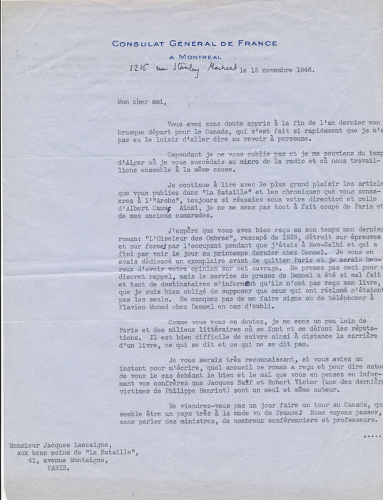 Robert VICTOR Baïf De Gaulle a envie de revenir Bénouville 2 lettres signées