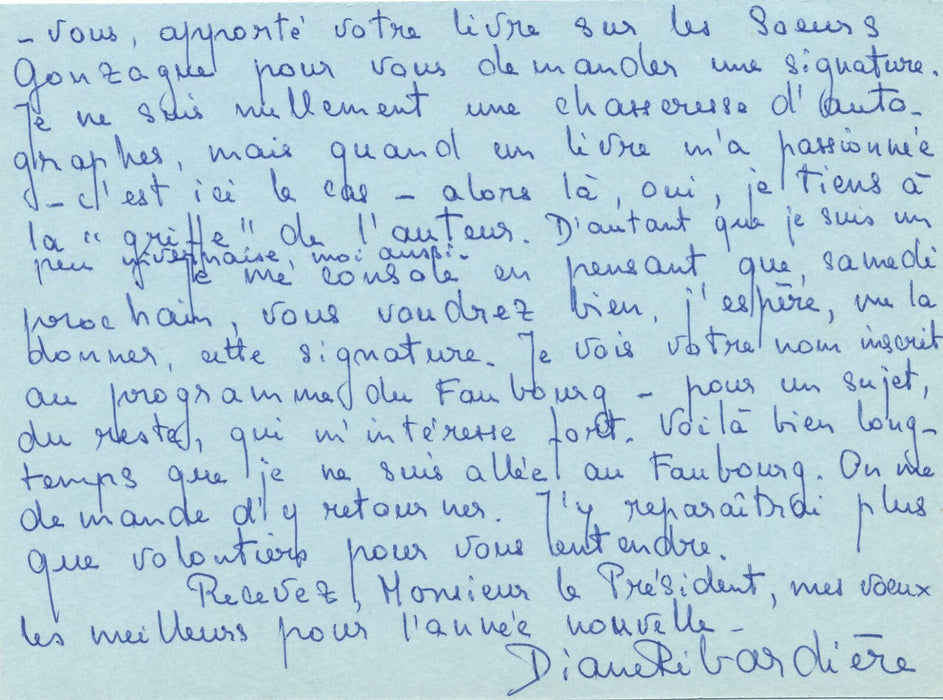 Diane RIBARDIERE Carte autographe signée princesse Gonzague Minot 