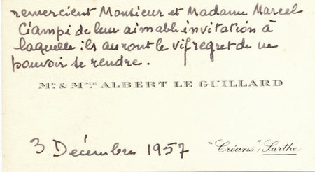 musique Albert Le GUILLARD compositeur à Marcel Ciampi carte manuscrite