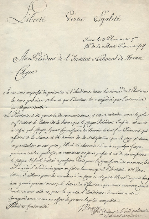 Carlo Lodovico MOROZZO lettre signée italie Turin Académie 1799 Balbe Jussieu