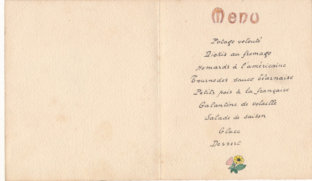 Menu peint et manuscrit 1919 2 volets dessin