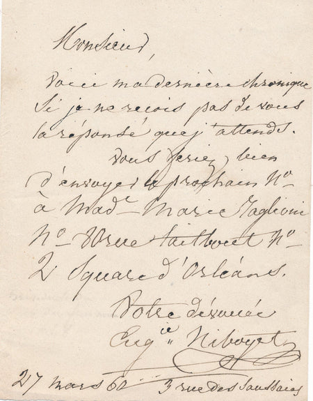 Féminisme Eugénie NIBOYET envoie sa chronique lettre autographe signée