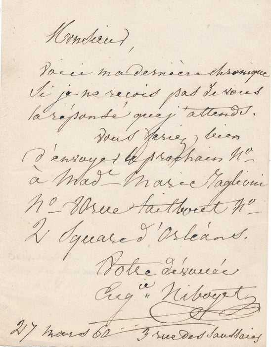 Féminisme Eugénie NIBOYET envoie sa chronique lettre autographe signée