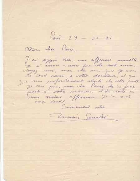 Ramon SENABRÉ peintre lettre autographe signée condoléances