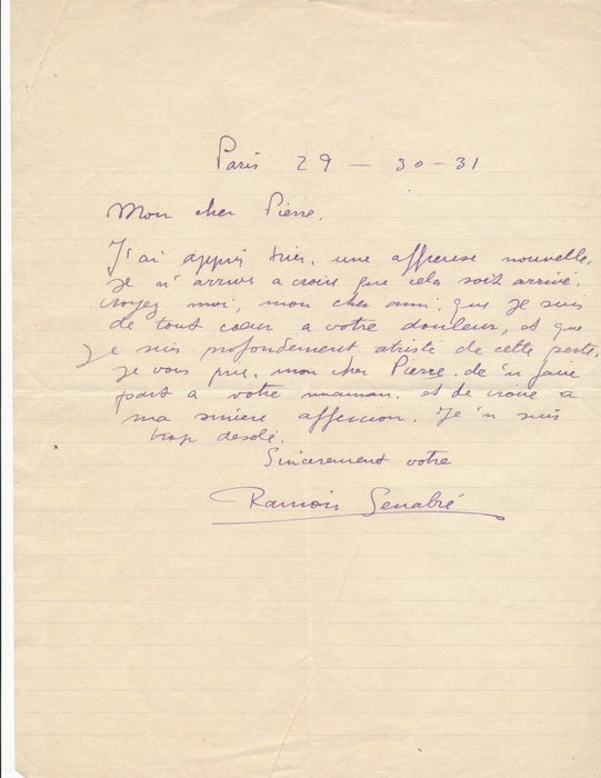 Ramon SENABRÉ peintre lettre autographe signée condoléances