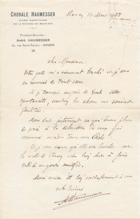Musique chef orchestre lettre autographe signée André Haumesser Rouen