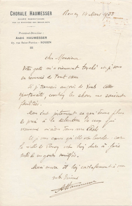 Musique chef orchestre lettre autographe signée André Haumesser Rouen