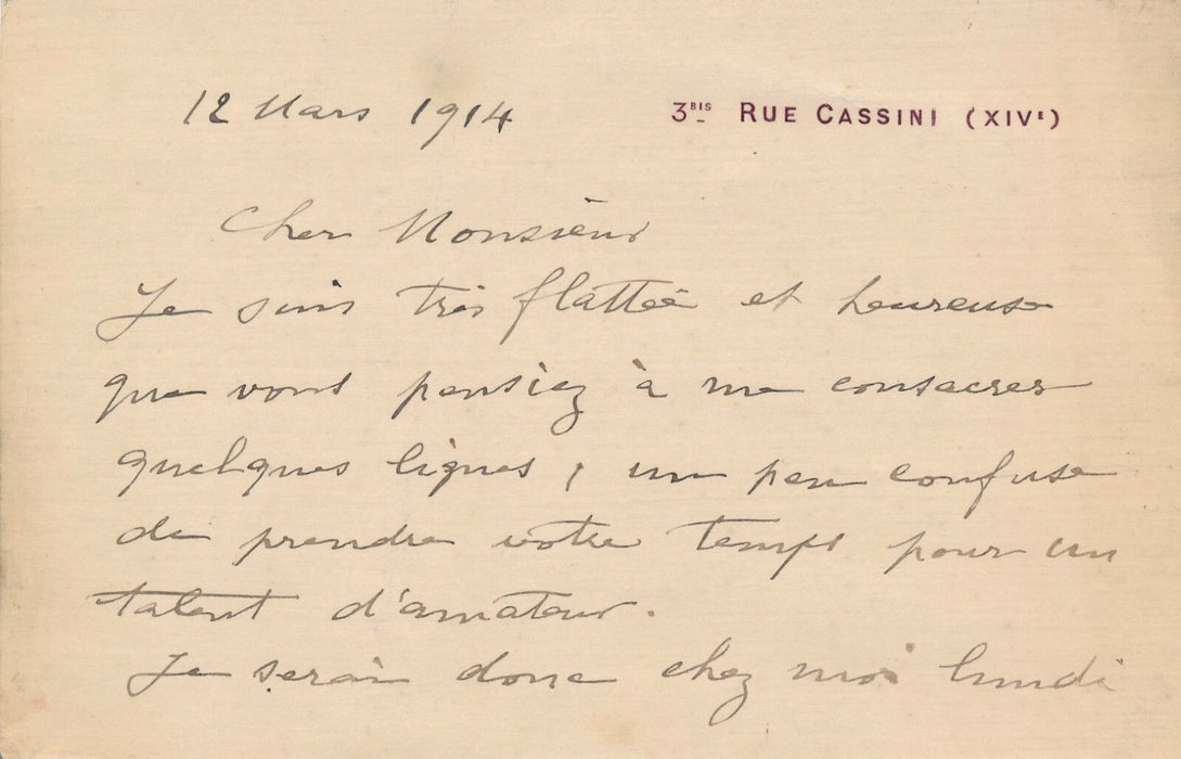 Jeanne SIMON lettre autographe signée femme article une peintre amateur .?
