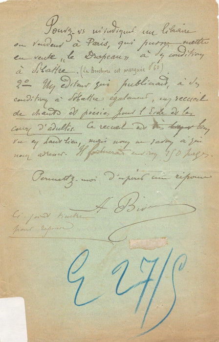 André Louis François BIVRUM lettre signée et autographe sur livre Le Drapeau