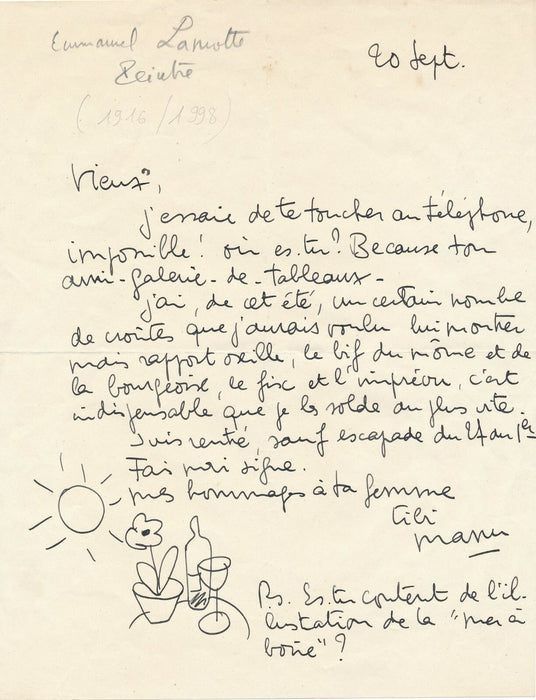 Emmanuel LAMOTTE 1916-1998 peintre Normandie Sainte Adresse lettre illustrée