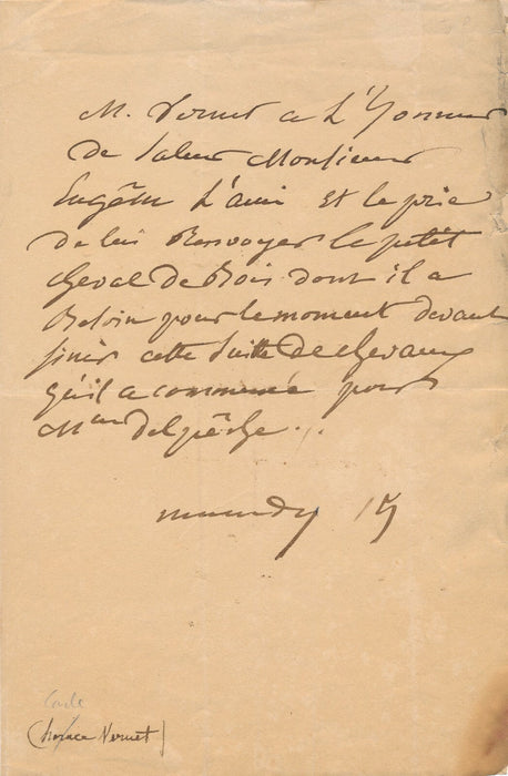 Carle Vernet écrit au peintre Eugène LAMI le cheval de bois billet autographe
