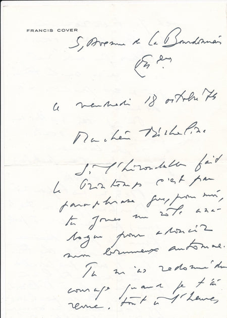 Francis COVER est mis sur la touche lettre autographe signée chanson