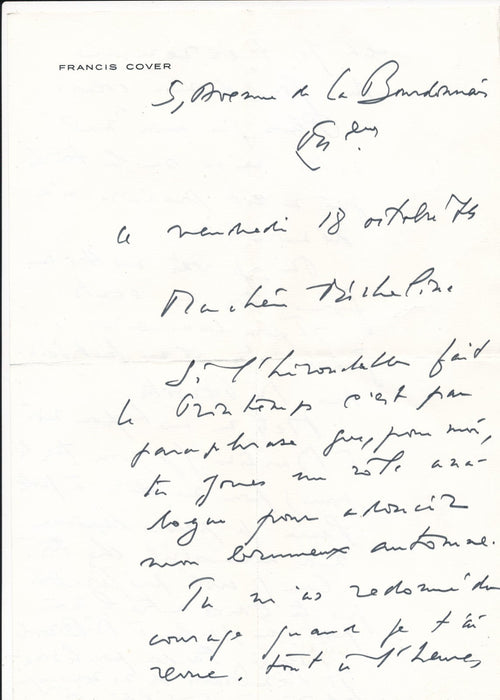 Francis COVER est mis sur la touche lettre autographe signée chanson