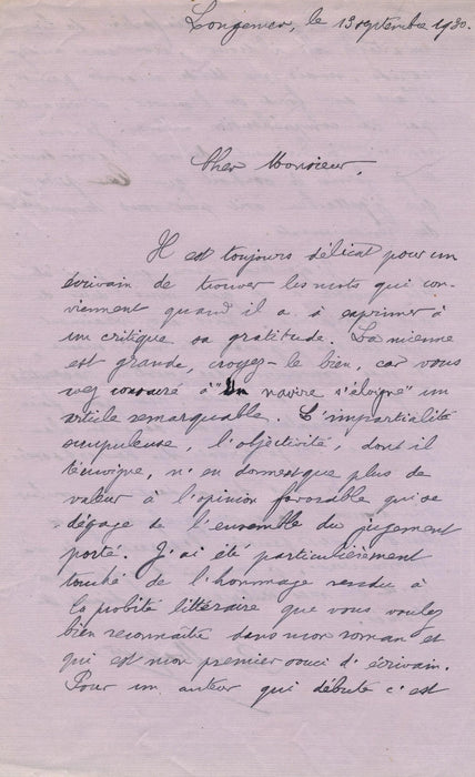 écrivain Pierre Mayeur XXe siècle livre Un navire s’éloigne lettre autographe