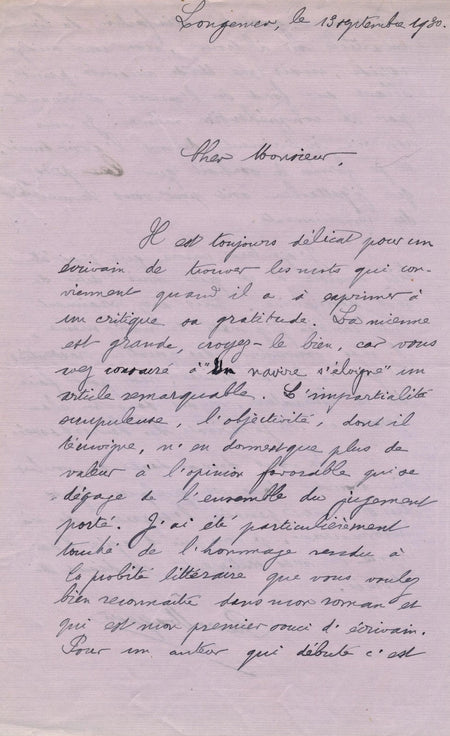 écrivain Pierre Mayeur XXe siècle livre Un navire s’éloigne lettre autographe