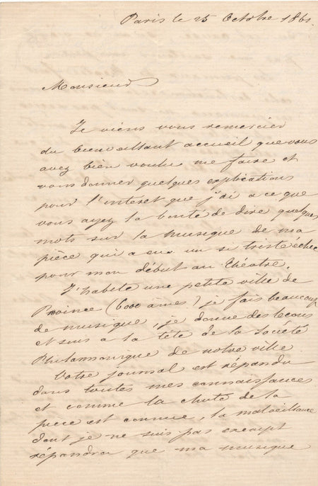 Théodore BLANGINI son échec pour sa première pièce... Lettre autographe signée