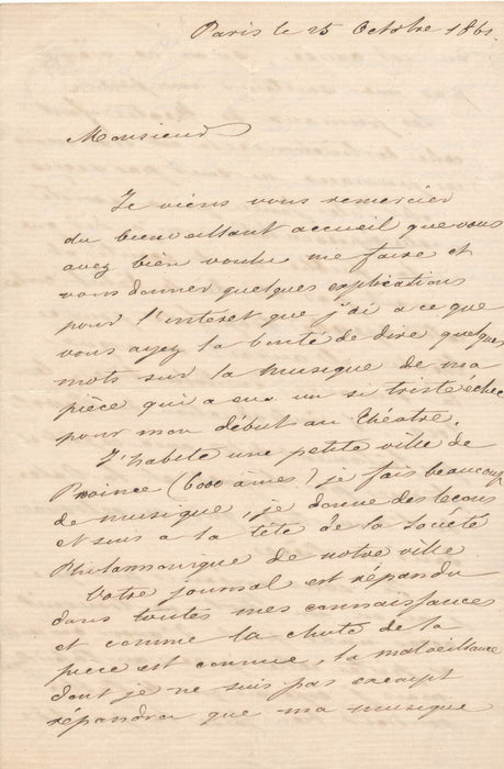 Théodore BLANGINI son échec pour sa première pièce... Lettre autographe signée