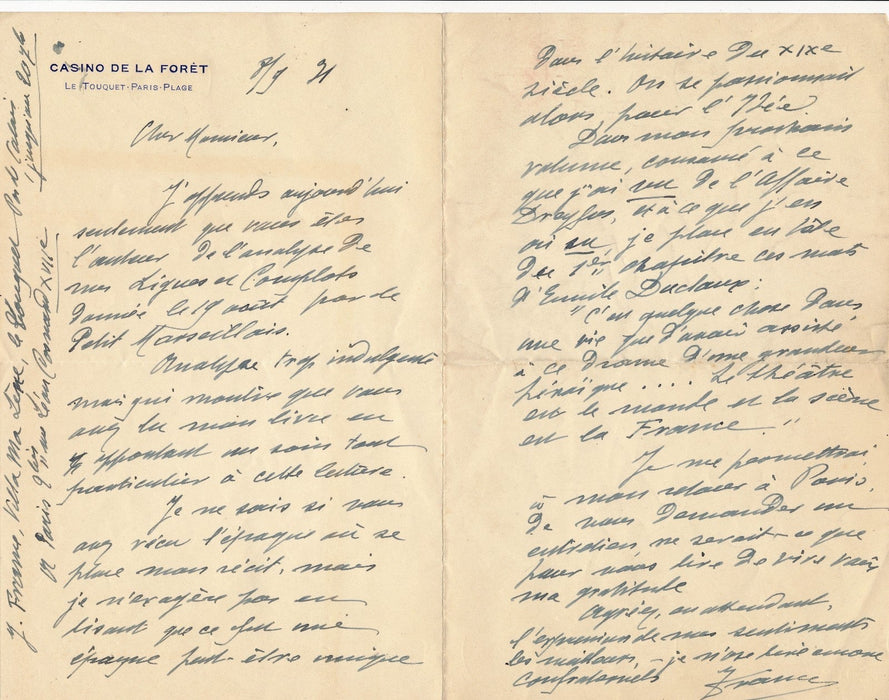 Jean France commissaire divisionnaire 2 lettres Ligue Saussaie Bolo Pacha 