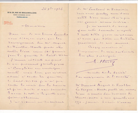 antiquaire E. HARDY Acquet de Férolles Haute Porte lettre autographe signée