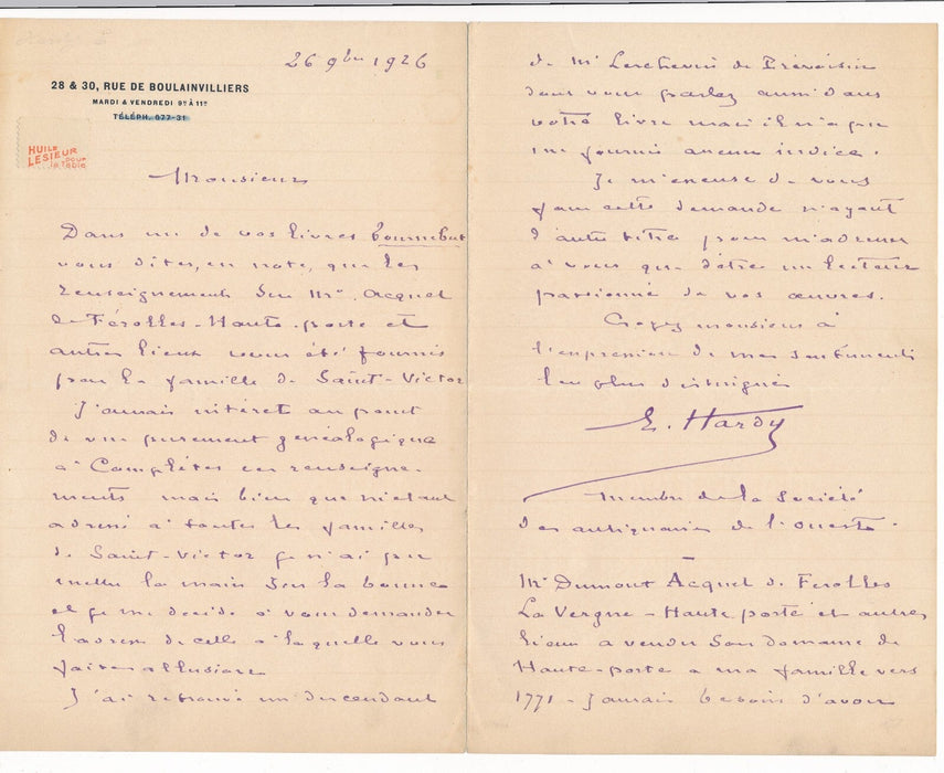 antiquaire E. HARDY Acquet de Férolles Haute Porte lettre autographe signée