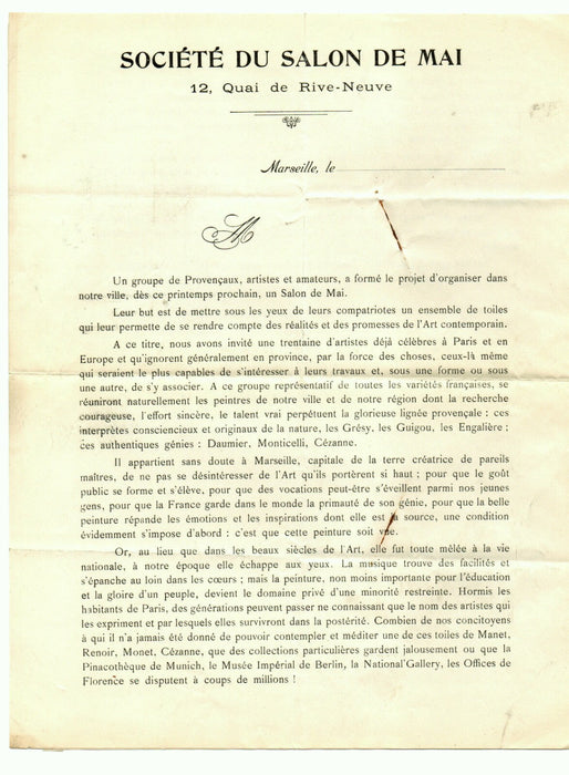 SALON DE MAI Marseille lettre Poncet ET document présentant le Salon