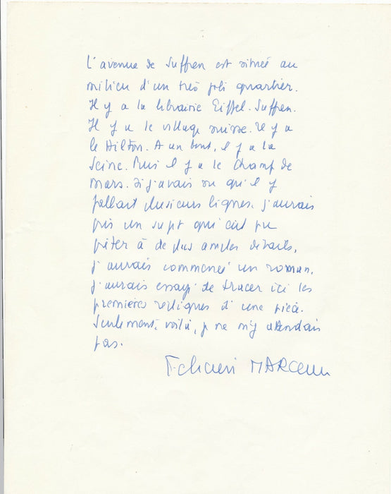 Félicien MARCEAU manuscrit autographe signé sur quartier Suffren Village Suisse