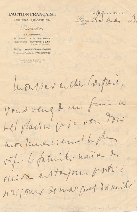 Charles MAURRAS  lettre autographe signée à Marcel Gras sur ouvrage 1931