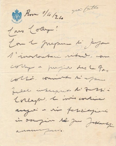 Giulio FANO lettre autographe signée Italie sénateur Rome collègue physiologiste