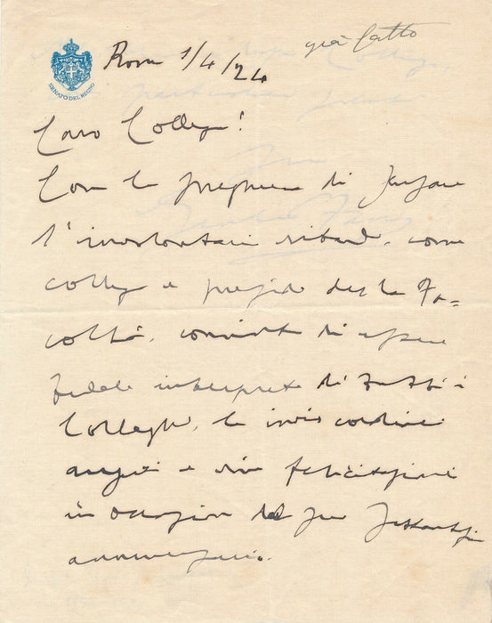 Giulio FANO lettre autographe signée Italie sénateur Rome collègue physiologiste